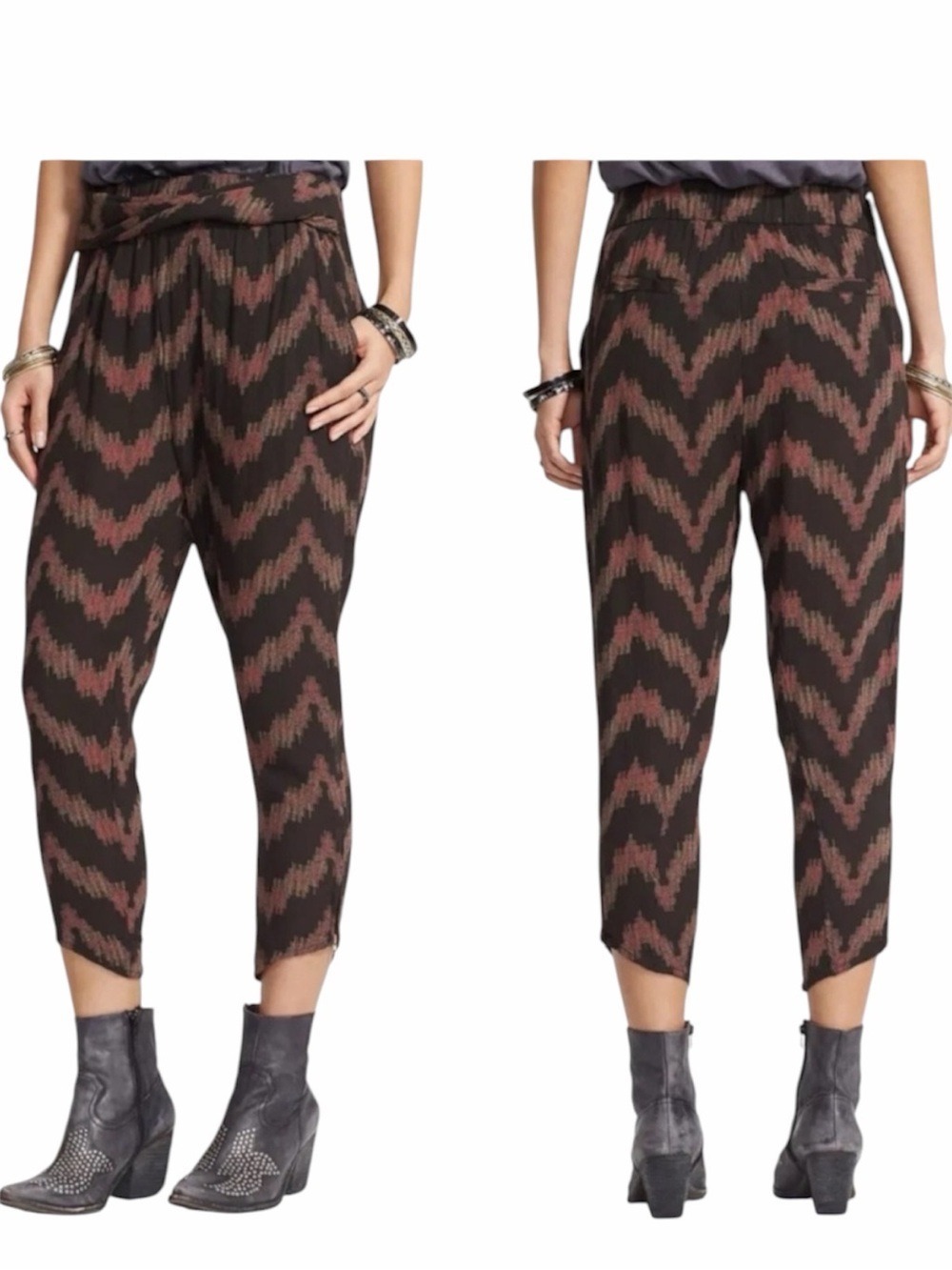 Free People Got Me Twisted Chevron Ikat Harem Pants Brown Rayon XS Boho Slouchy